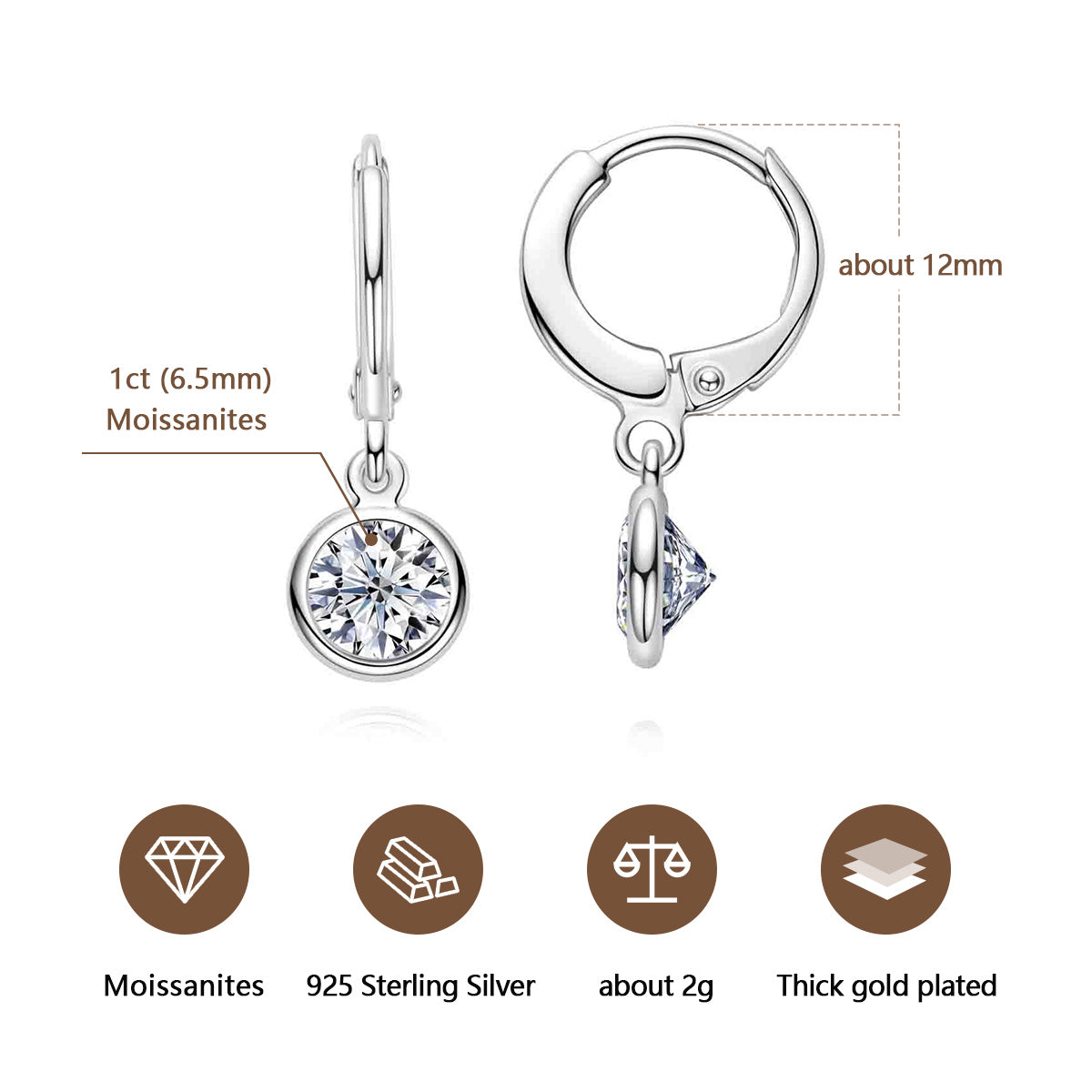 Moissanite Drop Earrings | Rhodium-Plated 925 Sterling Silver Hoop