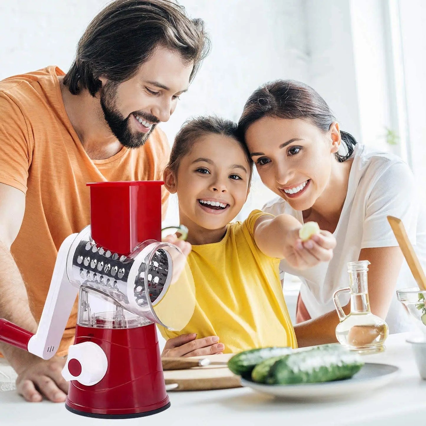 Versatile vegetable and cheese cutter and slicer with 3 interchangeable blades