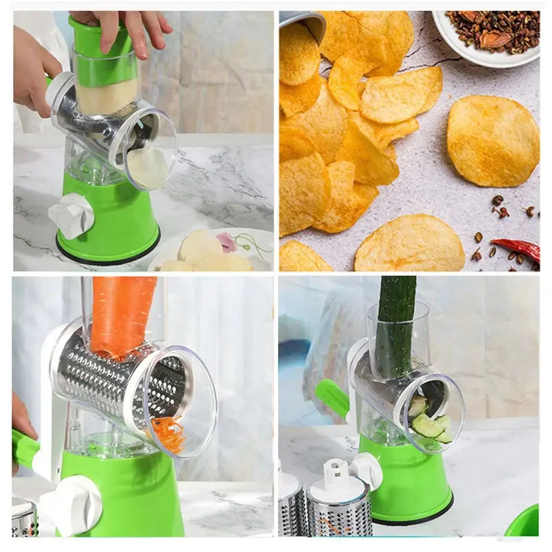 Versatile vegetable and cheese cutter and slicer with 3 interchangeable blades